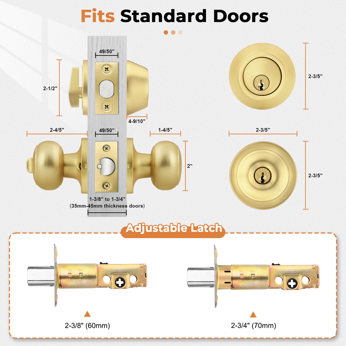 Probrico 1 Pack Entry Door Knob Set, Gold, Single Cylinder Deadbolt Front Door Handle, Keyed Alike, Exterior Door Knobs with Lock and Keys
