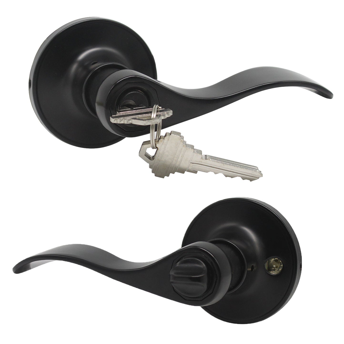 Keyed Entry Door Lever, Black Door Lock, Wave Handle on Round Rose - Probrico