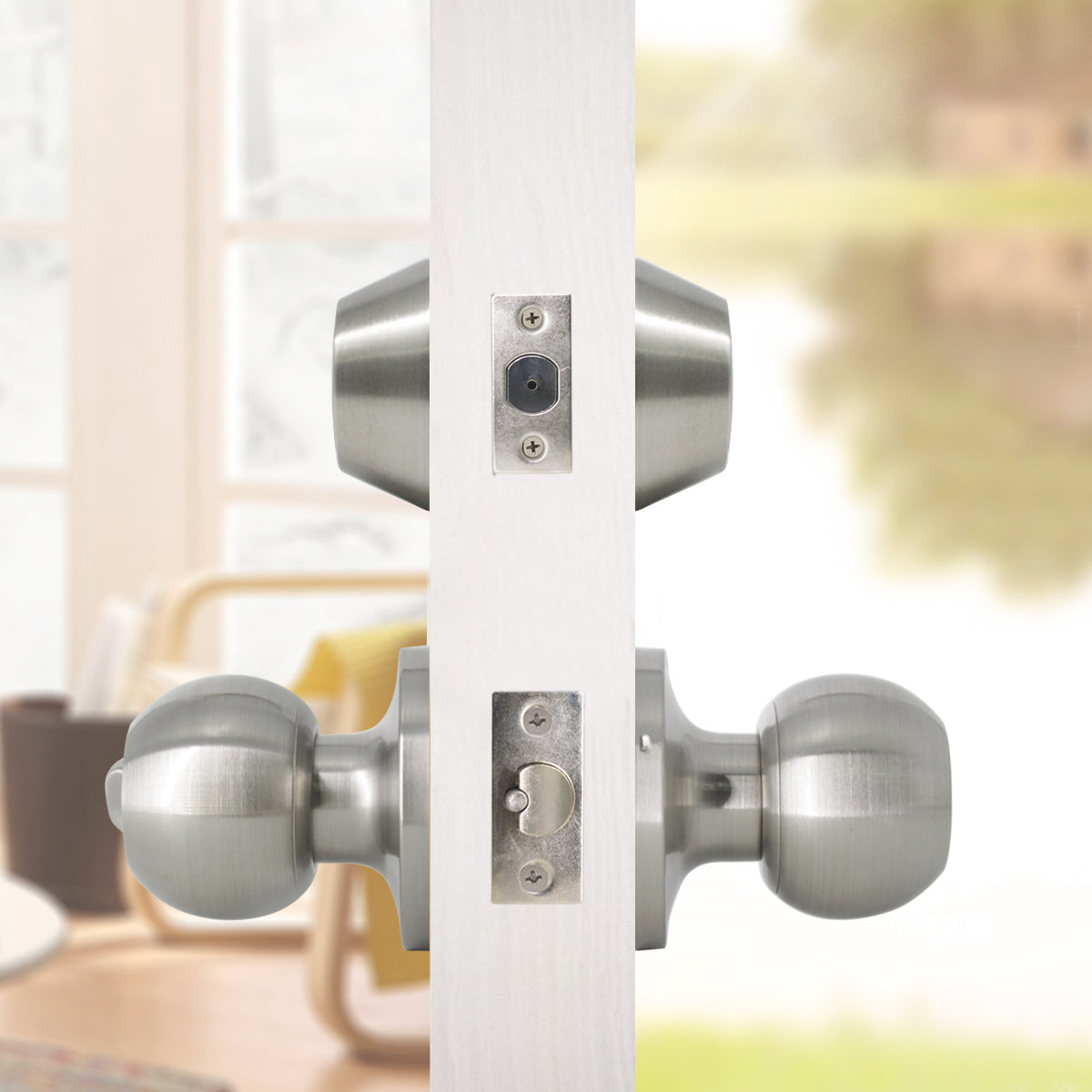 Round Ball Door Knob Lock with Double Cylinder Deadbolt Entry Keyed Lockset Satin Nickel Finish- Keyed Alike DL607ET-102SN - Probrico