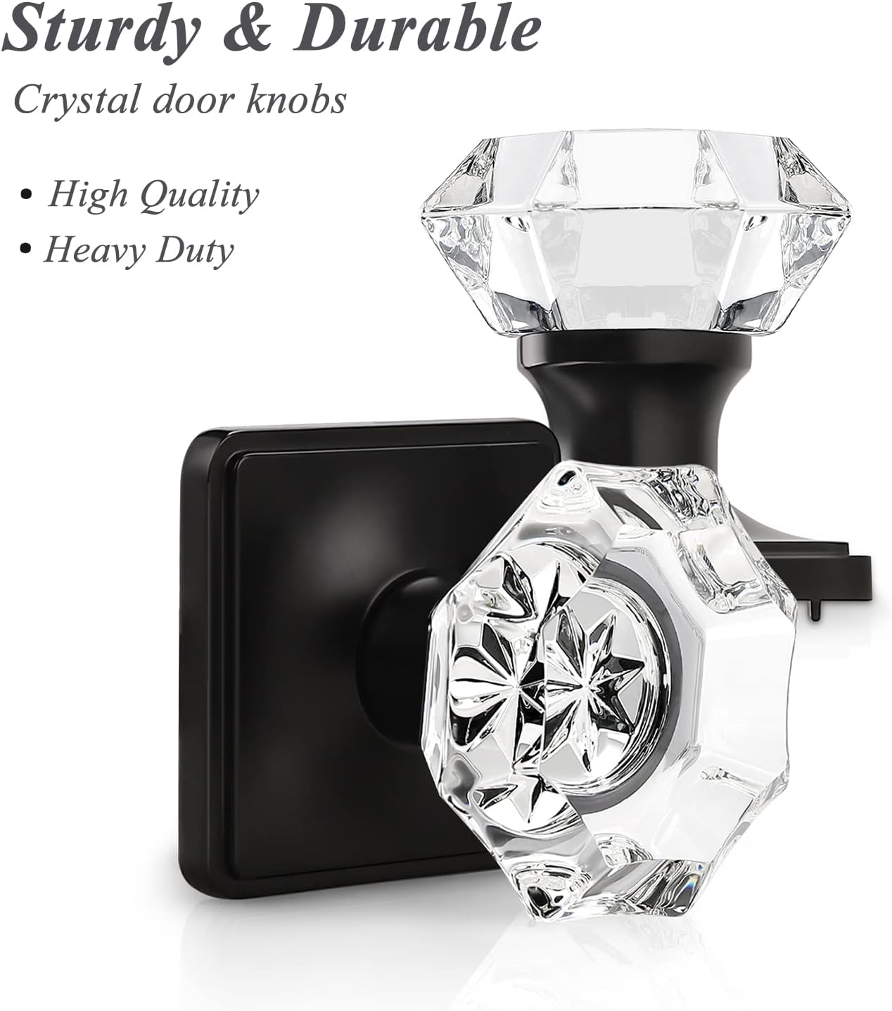 Octagon Crystal Door Knobs with Black Square Rosette, Passage Door Lock