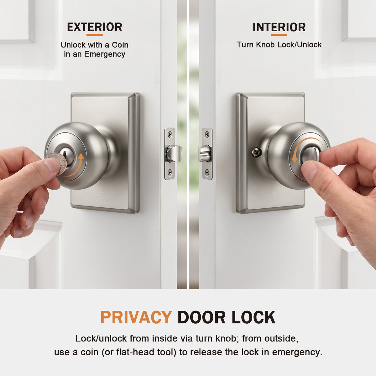 Probrico Brushed Nickel Interior Privacy Door Knob with Lock Interior Bedroom/Bathroom Door Knob,ANSI Grade 3, 250,000-Cycle Tested,Rectangular Rose Covers Old Knob Marks,Stainless Steel