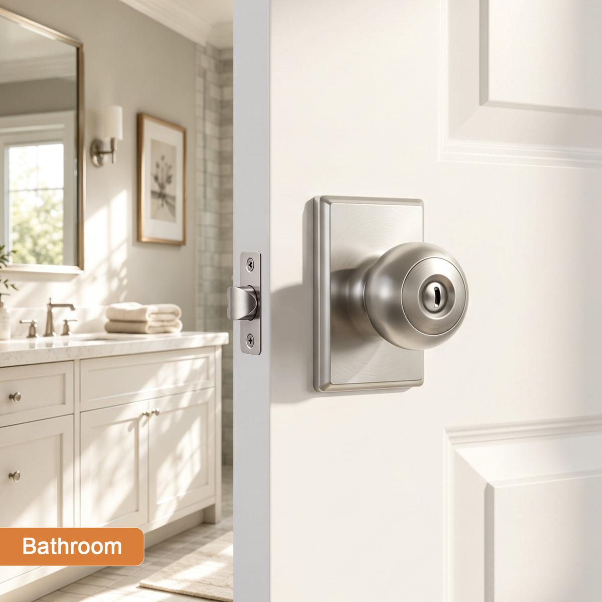 Probrico Brushed Nickel Interior Privacy Door Knob with Lock Interior Bedroom/Bathroom Door Knob,ANSI Grade 3, 250,000-Cycle Tested,Rectangular Rose Covers Old Knob Marks,Stainless Steel