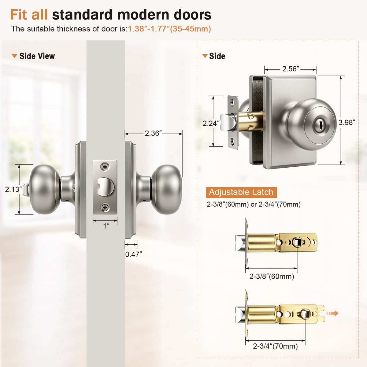 Probrico Brushed Nickel Interior Privacy Door Knob with Lock Interior Bedroom/Bathroom Door Knob,ANSI Grade 3, 250,000-Cycle Tested,Rectangular Rose Covers Old Knob Marks,Stainless Steel