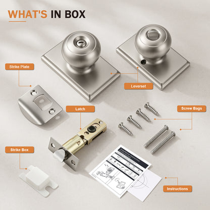 Probrico Brushed Nickel Interior Privacy Door Knob with Lock Interior Bedroom/Bathroom Door Knob,ANSI Grade 3, 250,000-Cycle Tested,Rectangular Rose Covers Old Knob Marks,Stainless Steel