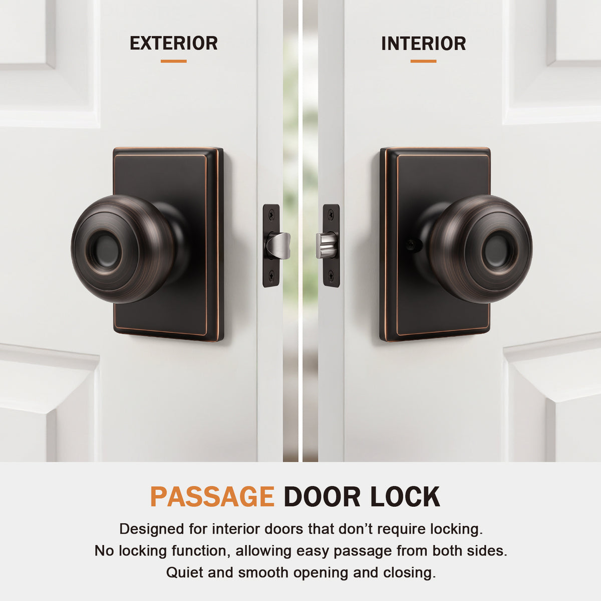 Probrico Hall/Closet Passage Door Knob, Oil Rubbed Bronze Interior Door Knob with no lock,ANSI Grade 3, 250,000-Cycle Tested,Rectangular Rose Covers Old Knob Marks,Stainless Steel