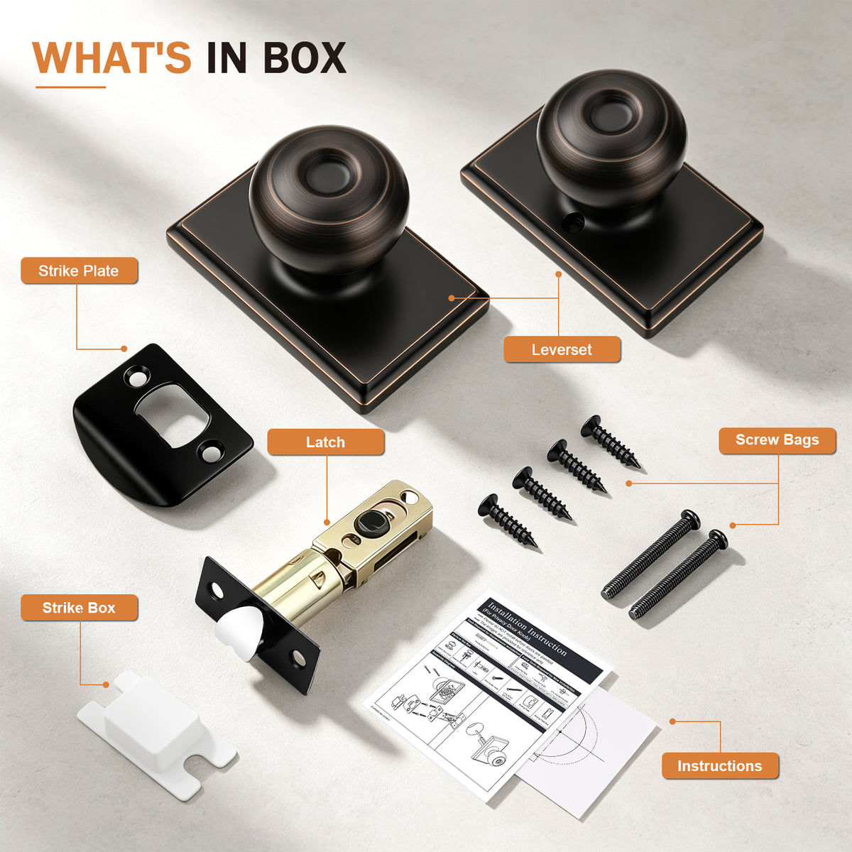 Probrico Hall/Closet Passage Door Knob, Oil Rubbed Bronze Interior Door Knob with no lock,ANSI Grade 3, 250,000-Cycle Tested,Rectangular Rose Covers Old Knob Marks,Stainless Steel