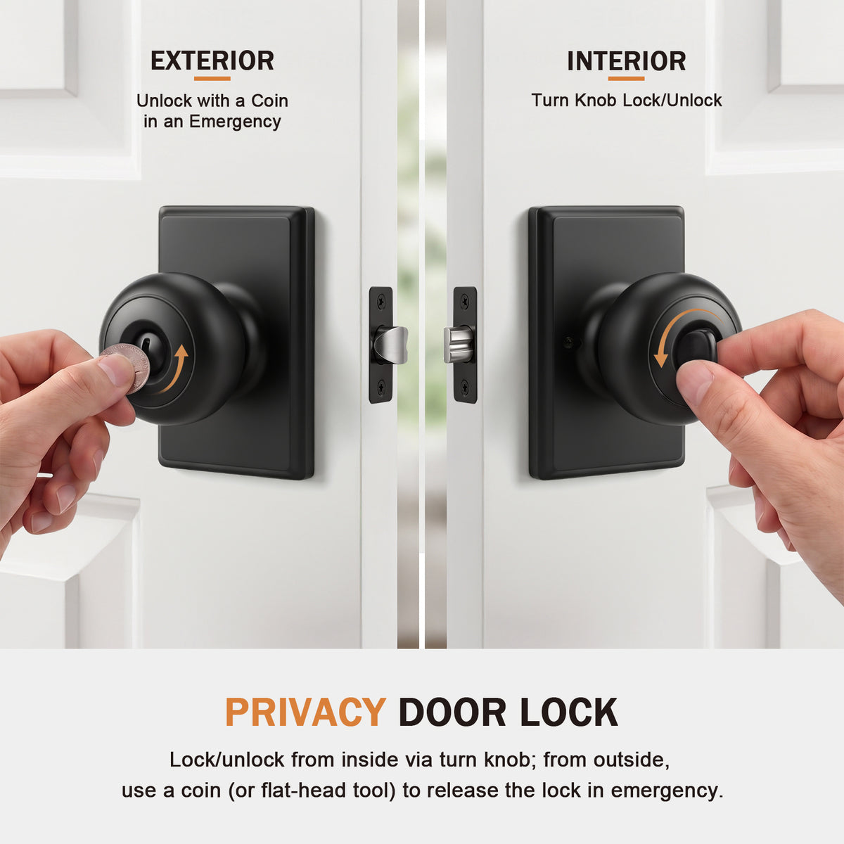 Probrico Interior Privacy Door Knob with Lock, Matte Black Interior Door Knobs, ANSI Grade 3, 250,000-Cycle Tested, Rectangular Rose Covers Old Knob Marks, Stainless Steel, Easy to install