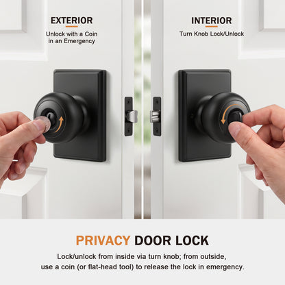 Probrico Interior Privacy Door Knob with Lock, Matte Black Interior Door Knobs, ANSI Grade 3, 250,000-Cycle Tested, Rectangular Rose Covers Old Knob Marks, Stainless Steel, Easy to install