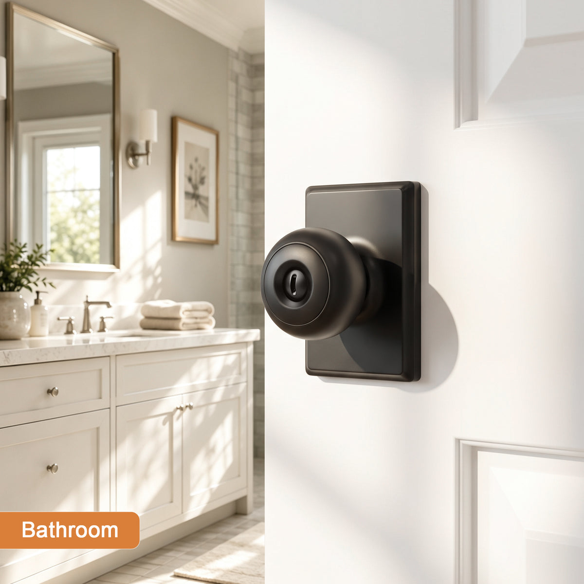 Probrico Interior Privacy Door Knob with Lock, Matte Black Interior Door Knobs, ANSI Grade 3, 250,000-Cycle Tested, Rectangular Rose Covers Old Knob Marks, Stainless Steel, Easy to install