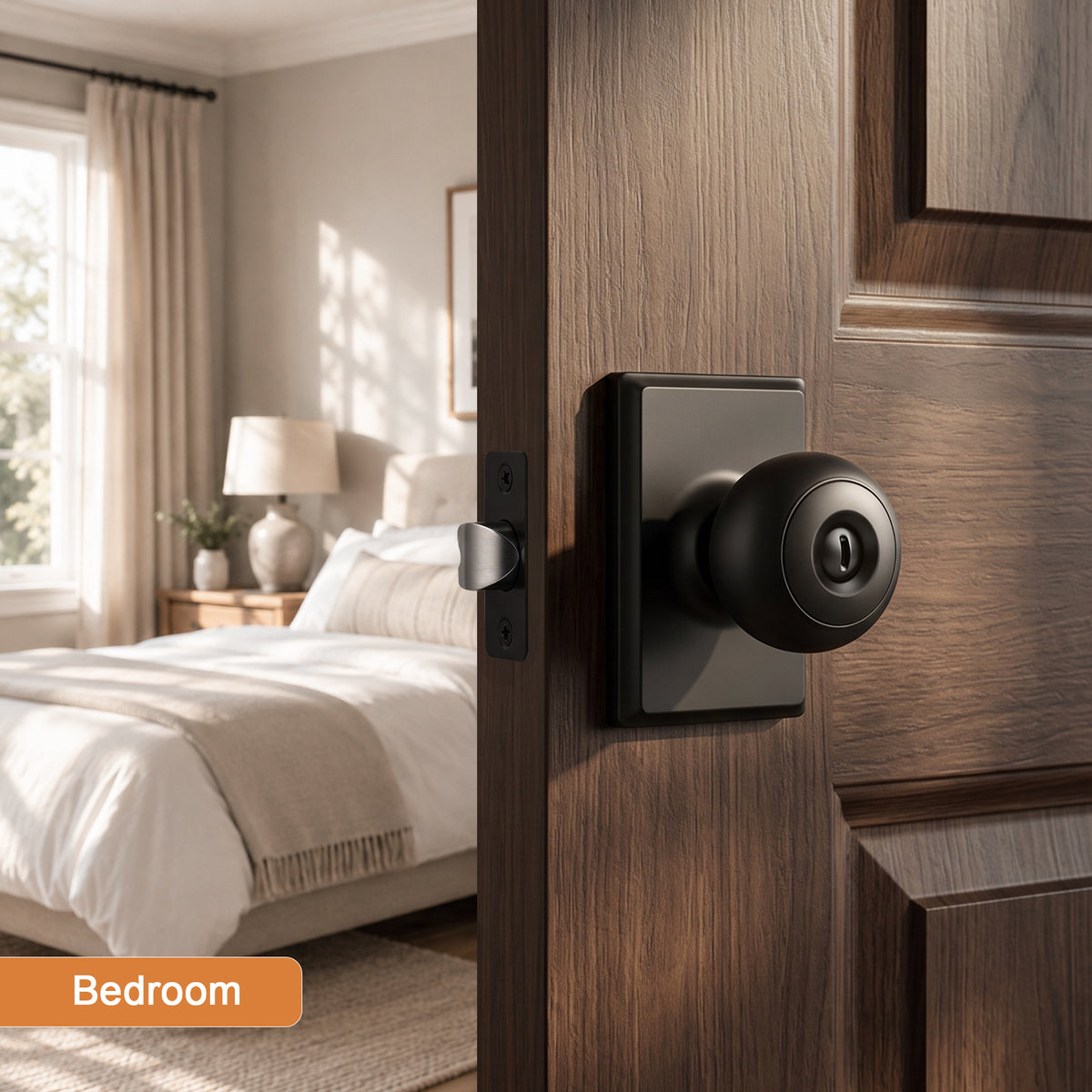Probrico Interior Privacy Door Knob with Lock, Matte Black Interior Door Knobs, ANSI Grade 3, 250,000-Cycle Tested, Rectangular Rose Covers Old Knob Marks, Stainless Steel, Easy to install