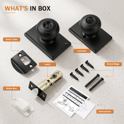 Probrico Interior Privacy Door Knob with Lock, Matte Black Interior Door Knobs, ANSI Grade 3, 250,000-Cycle Tested, Rectangular Rose Covers Old Knob Marks, Stainless Steel, Easy to install