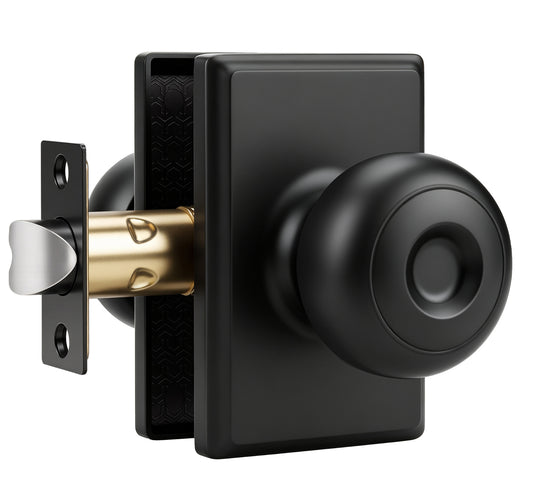 Probrico Hall/Closet Passage Door Knob, Matte Black Interior Door Knobs with no lock, ANSI Grade 3, 250,000-Cycle Tested, Rectangular Rose Covers Old Knob Marks,Stainless Steel