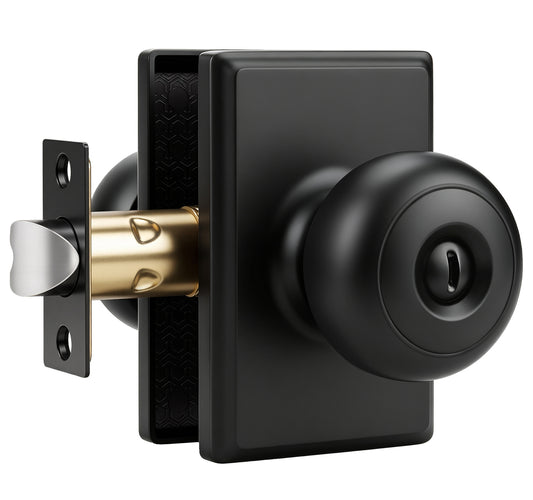 Probrico Interior Privacy Door Knob with Lock, Matte Black Interior Door Knobs, ANSI Grade 3, 250,000-Cycle Tested, Rectangular Rose Covers Old Knob Marks, Stainless Steel, Easy to install