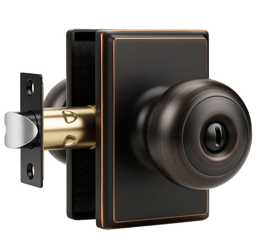 Probrico Oil Rubbed Bronze Privacy Interior Door Knob, Round Knob Rectangular plate; zinc alloy cover, stainless steel ball; fits left & right doors; easy to install.