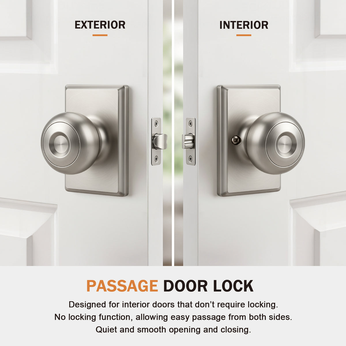 Probrico Brushed Nickel Passage Door Knob, Interior Door Knobs with no Lock Door Knob for Hall/Closet Door,ANSI Grade 3, 250,000-Cycle Tested,Rectangular Rose Covers Old Knob Marks,Stainless Steel