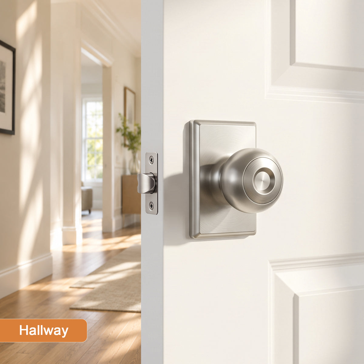 Probrico Brushed Nickel Passage Door Knob, Interior Door Knobs with no Lock Door Knob for Hall/Closet Door,ANSI Grade 3, 250,000-Cycle Tested,Rectangular Rose Covers Old Knob Marks,Stainless Steel