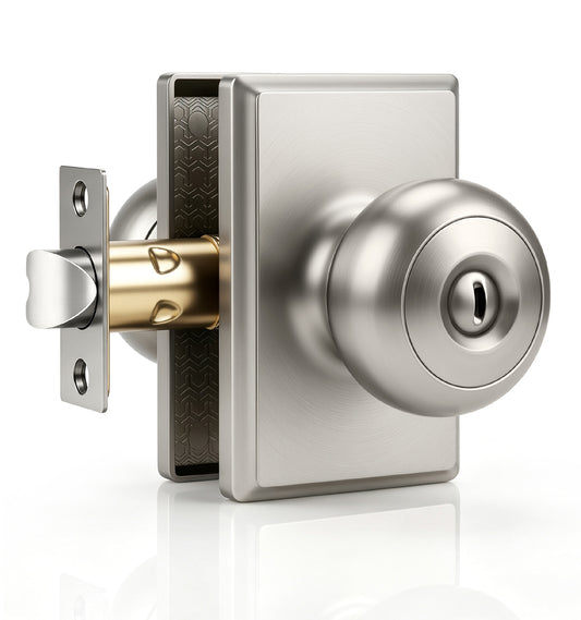 Probrico Brushed Nickel Interior Privacy Door Knob with Lock Interior Bedroom/Bathroom Door Knob,ANSI Grade 3, 250,000-Cycle Tested,Rectangular Rose Covers Old Knob Marks,Stainless Steel