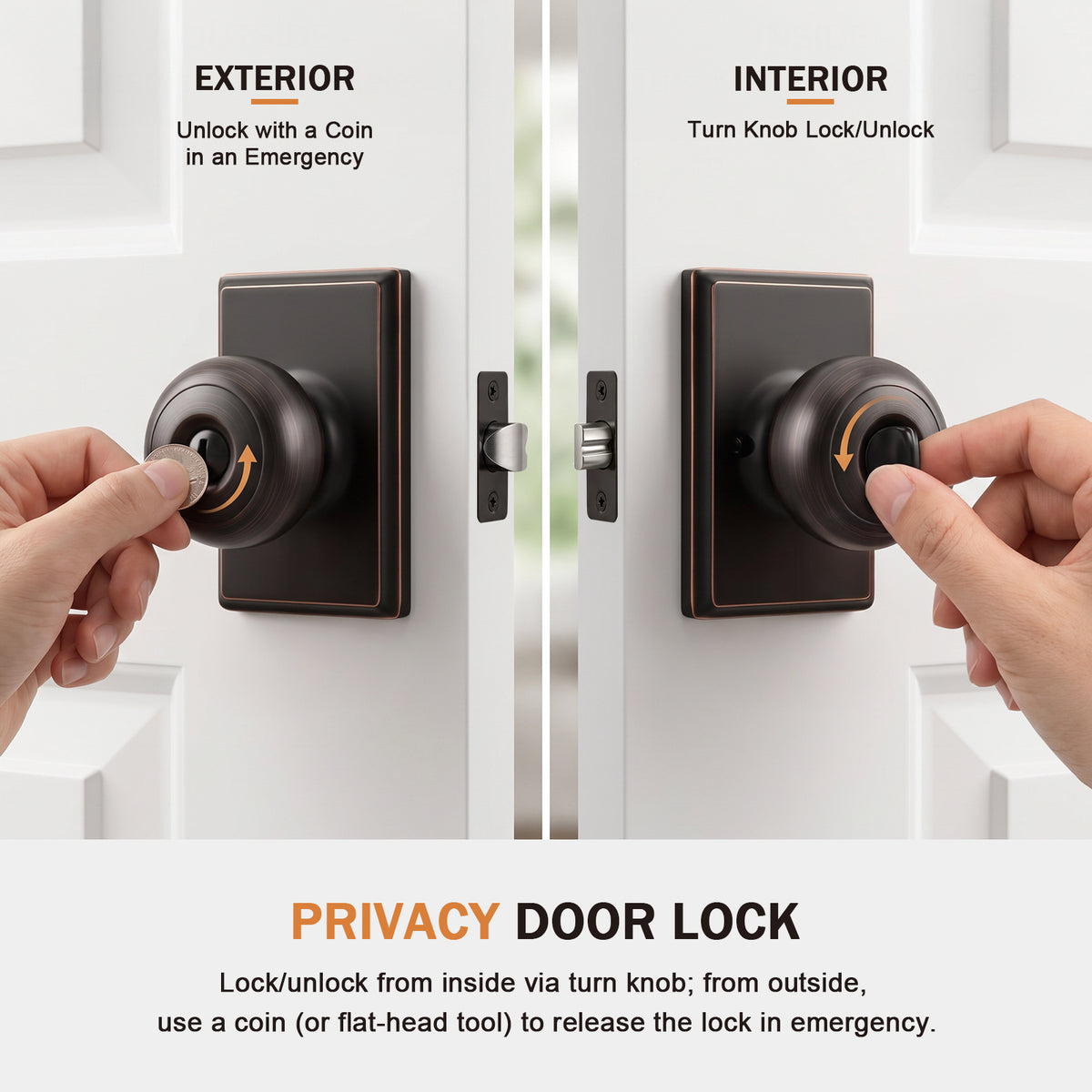 Probrico Oil Rubbed Bronze Privacy Interior Door Knob, Round Knob Rectangular plate; zinc alloy cover, stainless steel ball; fits left & right doors; easy to install.