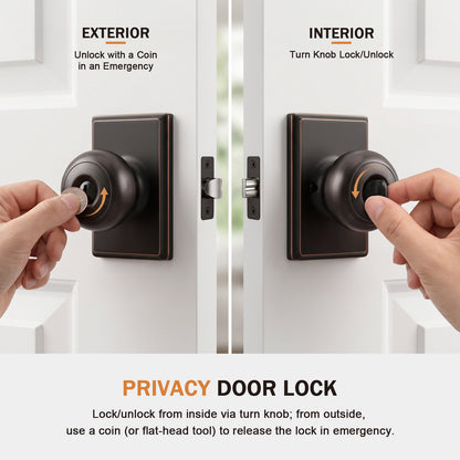 Probrico Oil Rubbed Bronze Privacy Interior Door Knob, Round Knob Rectangular plate; zinc alloy cover, stainless steel ball; fits left & right doors; easy to install.