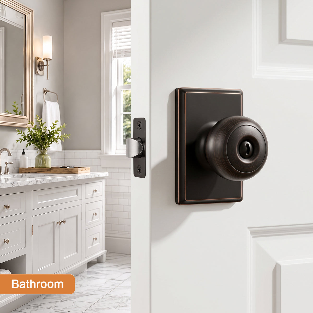 Probrico Oil Rubbed Bronze Privacy Interior Door Knob, Round Knob Rectangular plate; zinc alloy cover, stainless steel ball; fits left & right doors; easy to install.