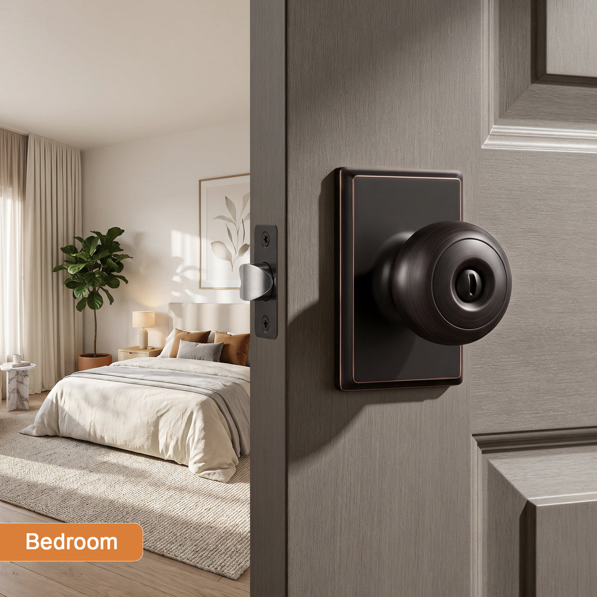 Probrico Oil Rubbed Bronze Privacy Interior Door Knob, Round Knob Rectangular plate; zinc alloy cover, stainless steel ball; fits left & right doors; easy to install.