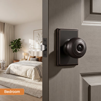 Probrico Oil Rubbed Bronze Privacy Interior Door Knob, Round Knob Rectangular plate; zinc alloy cover, stainless steel ball; fits left & right doors; easy to install.