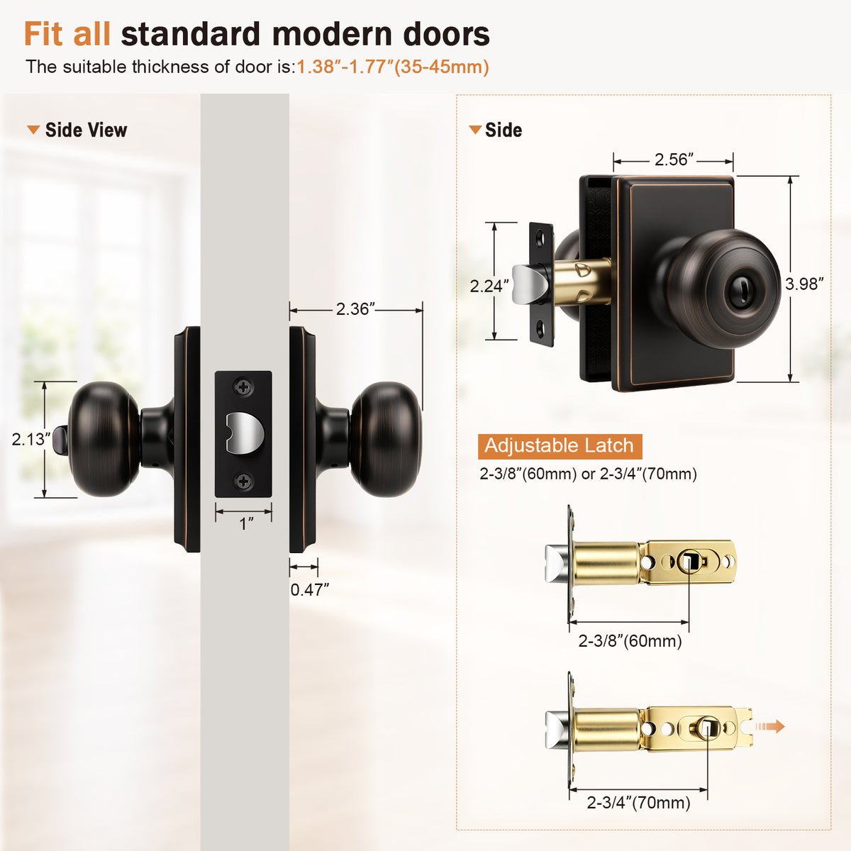 Probrico Oil Rubbed Bronze Privacy Interior Door Knob, Round Knob Rectangular plate; zinc alloy cover, stainless steel ball; fits left & right doors; easy to install.