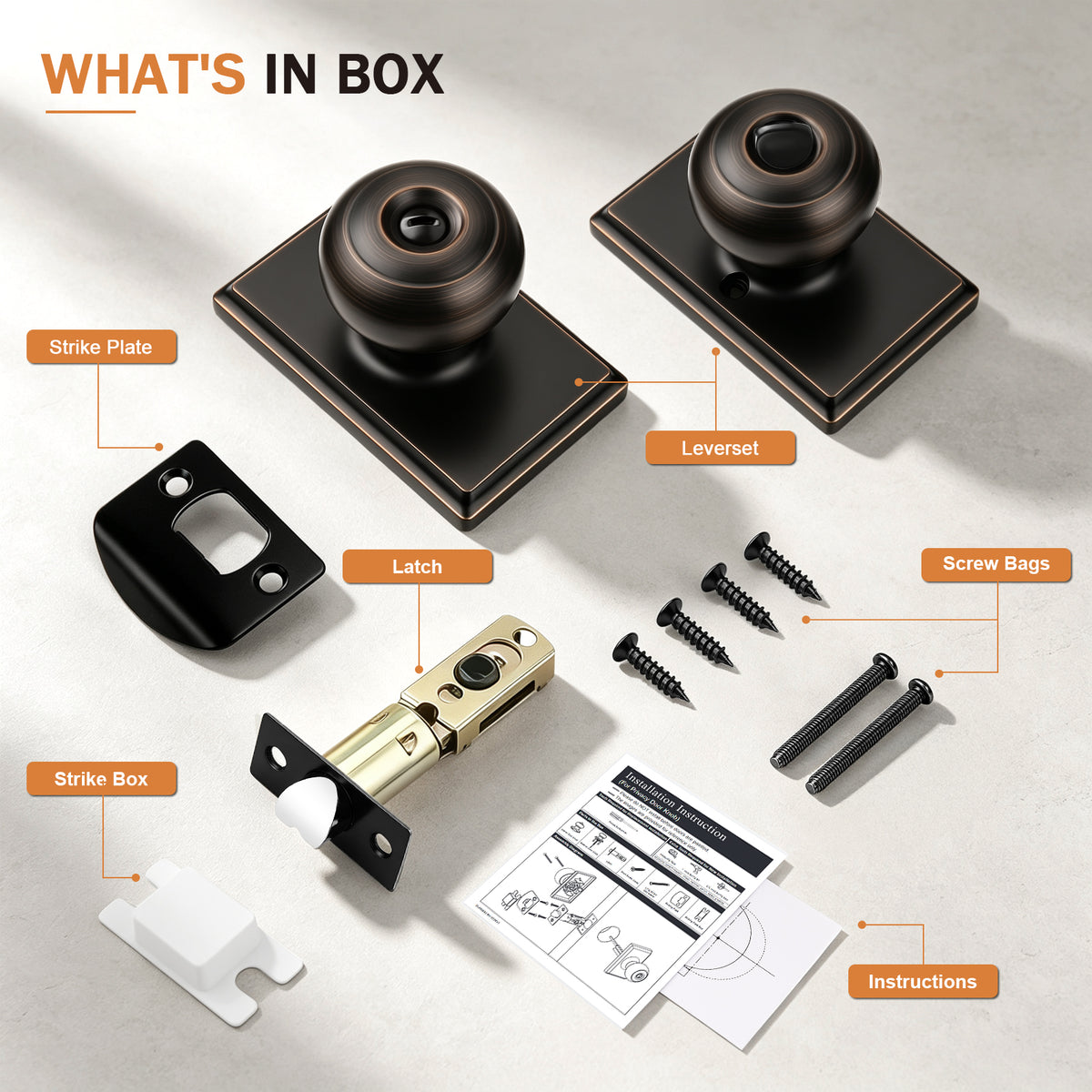 Probrico Oil Rubbed Bronze Privacy Interior Door Knob, Round Knob Rectangular plate; zinc alloy cover, stainless steel ball; fits left & right doors; easy to install.