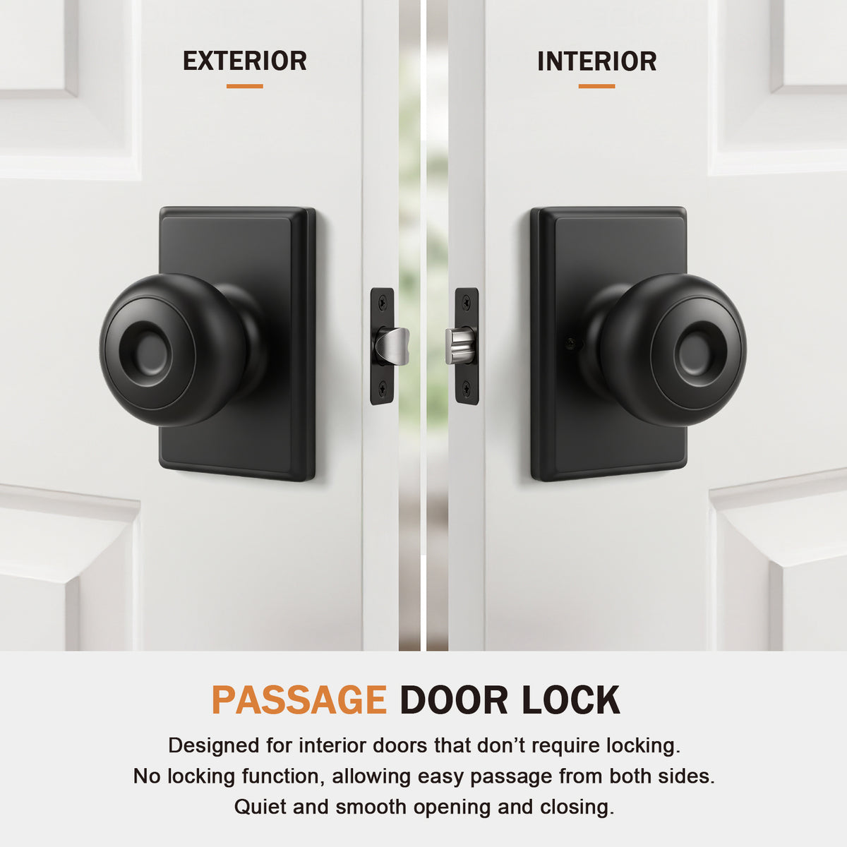 Probrico Hall/Closet Passage Door Knob, Matte Black Interior Door Knobs with no lock, ANSI Grade 3, 250,000-Cycle Tested, Rectangular Rose Covers Old Knob Marks,Stainless Steel