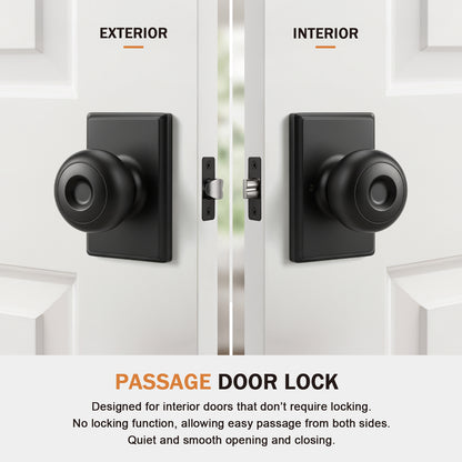 Probrico Hall/Closet Passage Door Knob, Matte Black Interior Door Knobs with no lock, ANSI Grade 3, 250,000-Cycle Tested, Rectangular Rose Covers Old Knob Marks,Stainless Steel