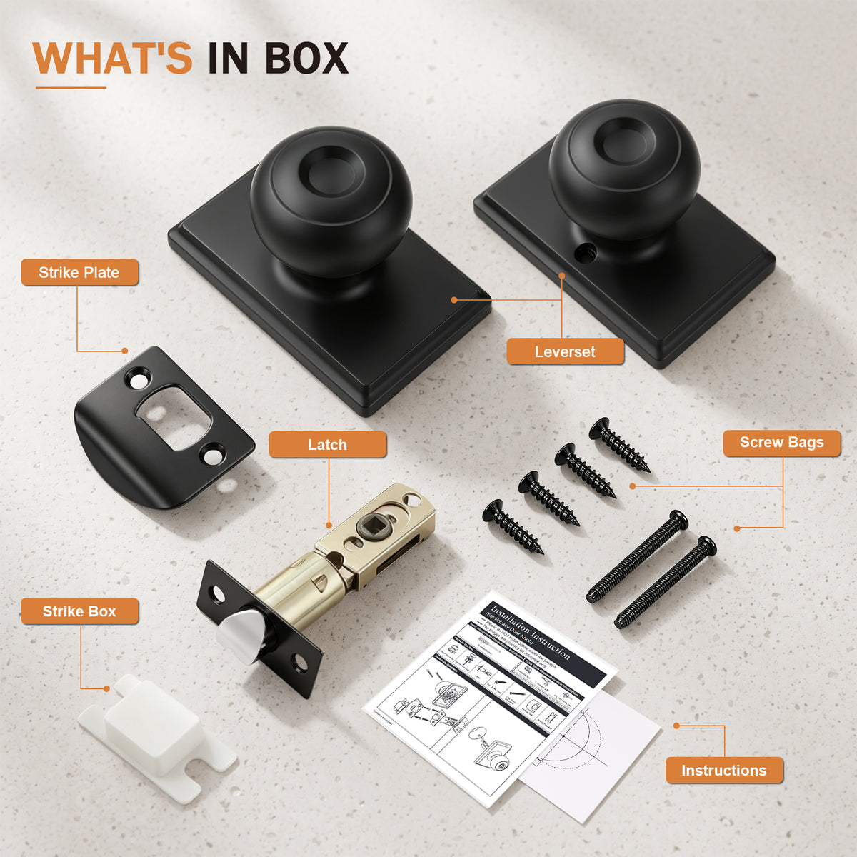 Probrico Hall/Closet Passage Door Knob, Matte Black Interior Door Knobs with no lock, ANSI Grade 3, 250,000-Cycle Tested, Rectangular Rose Covers Old Knob Marks,Stainless Steel