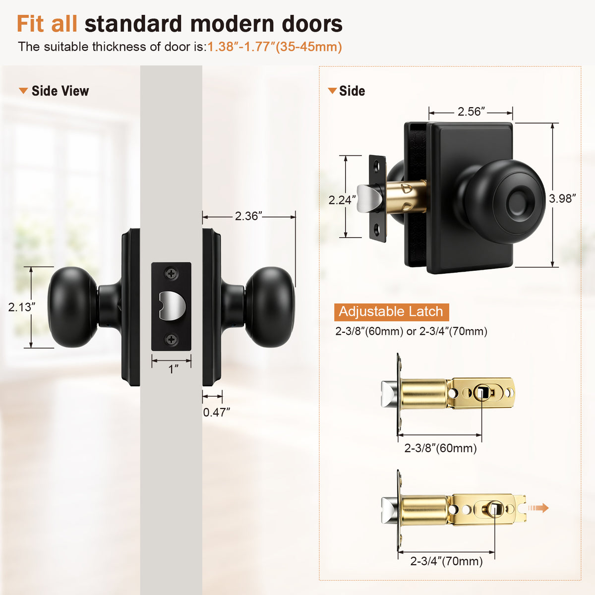 Probrico Hall/Closet Passage Door Knob, Matte Black Interior Door Knobs with no lock, ANSI Grade 3, 250,000-Cycle Tested, Rectangular Rose Covers Old Knob Marks,Stainless Steel