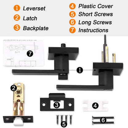 Probrico Heavy Duty Flat Black Square Privacy Interior Door Levers Bedroom and Bathroom Door Handles Keyless Bed/Bath Lockset (6 Pack) - Probrico