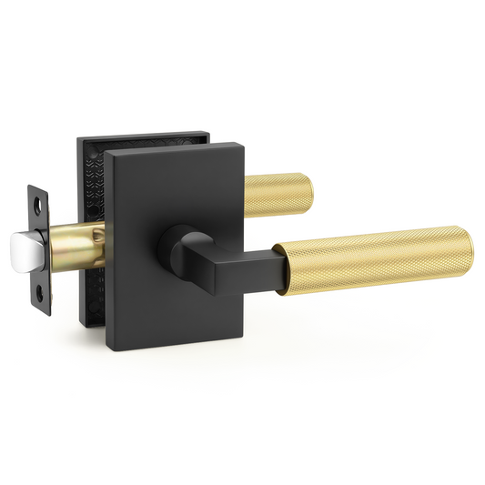 Probrico Brushed Gold Door Handles with Black Lever, Knurled Passage Door Handle for Hallway or Closet Door, Modern Interior Door Handle, Heavy Duty Keyless Lever for Left Right Handed Door
