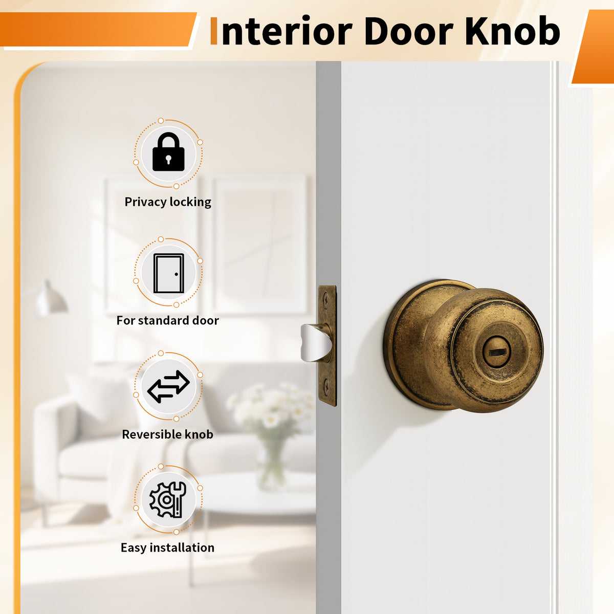 Probrico Aged Brass Door Knobs for Bedroom Bathroom, Interior Door Knob with Round Ball, Antique Brass Privacy Door Knob, 6 Pack