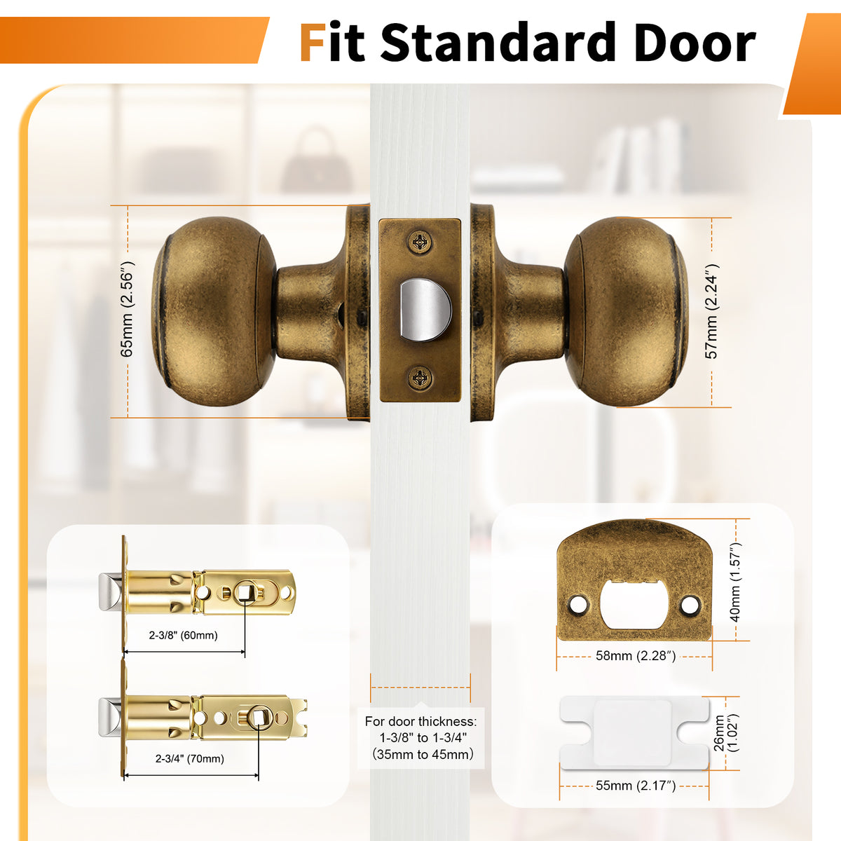 Probrico Aged Brass Interior Door Knob for Hallway, Antique Brass Door Knobs Closet Door Knob, Passage Door Knobs with Round Ball Knob, 1 Pack
