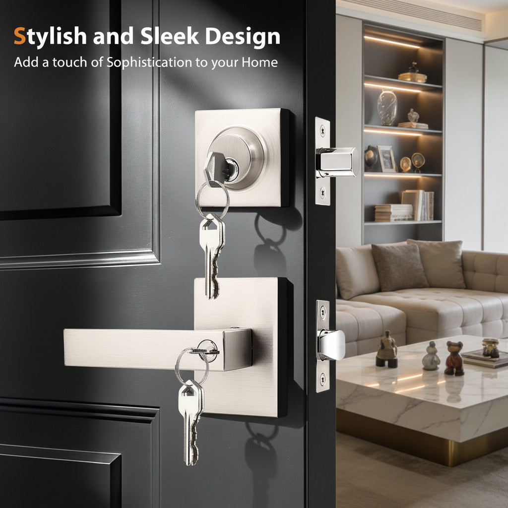 Probrico Square Interior/Exterior Door Lock Set, Entry Door Handles and Single Cylinder Deadbolts Same Keys, Door Locksets Reversible for Right and Left