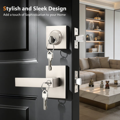 Probrico Square Interior/Exterior Door Lock Set, Entry Door Handles and Single Cylinder Deadbolts Same Keys, Door Locksets Reversible for Right and Left