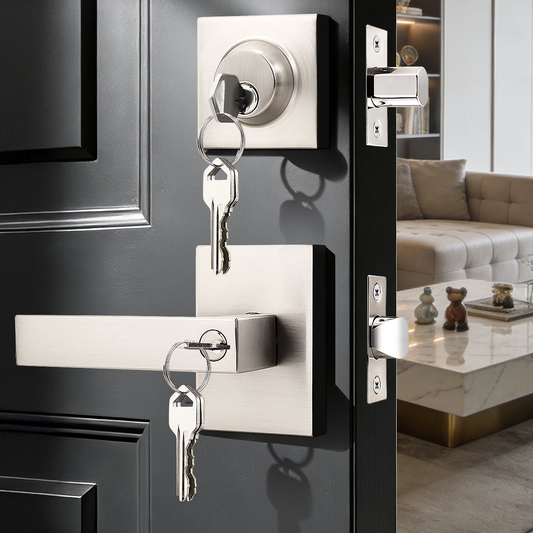 Probrico Square Interior/Exterior Door Lock Set, Entry Door Handles and Single Cylinder Deadbolts Same Keys, Door Locksets Reversible for Right and Left