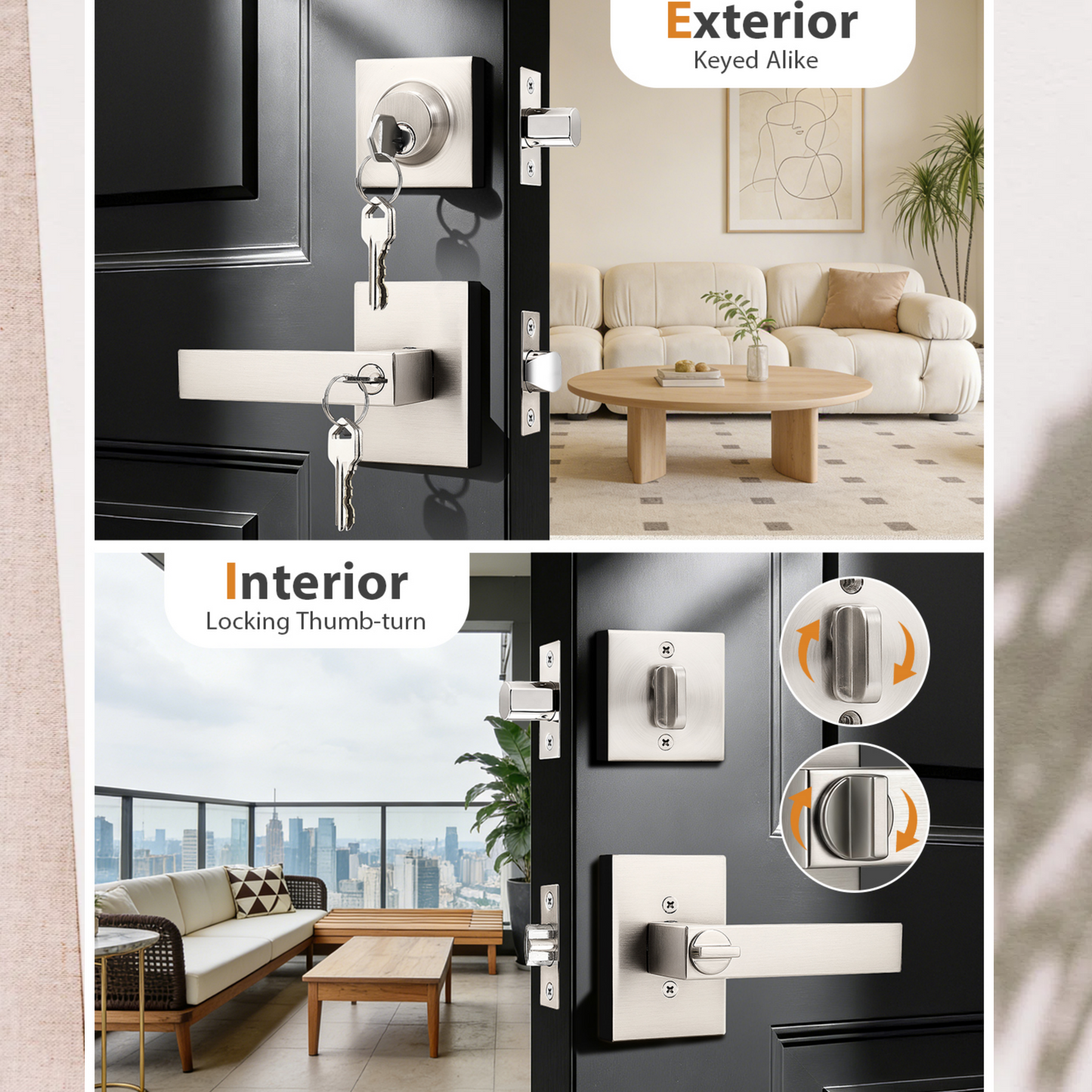 Probrico Square Interior/Exterior Door Lock Set, Entry Door Handles and Single Cylinder Deadbolts Same Keys, Door Locksets Reversible for Right and Left