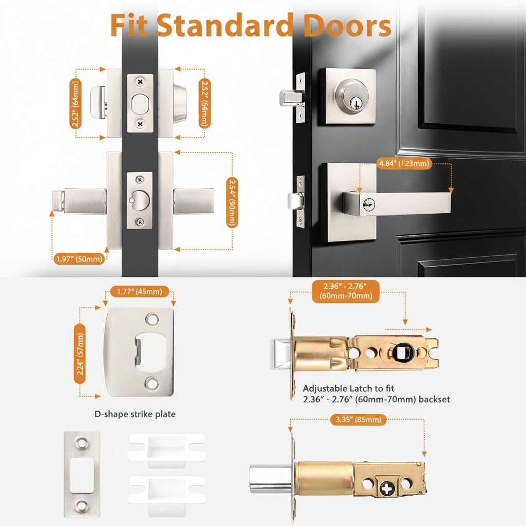 Probrico Square Interior/Exterior Door Lock Set, Entry Door Handles and Single Cylinder Deadbolts Same Keys, Door Locksets Reversible for Right and Left
