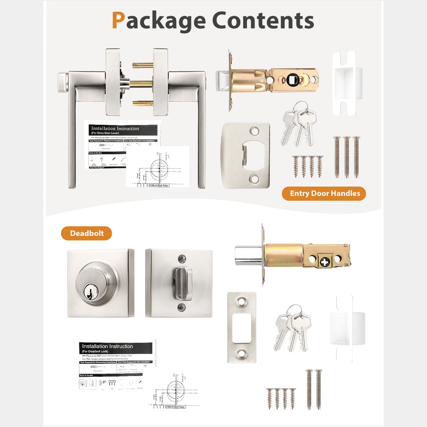 Probrico Square Interior/Exterior Door Lock Set, Entry Door Handles and Single Cylinder Deadbolts Same Keys, Door Locksets Reversible for Right and Left