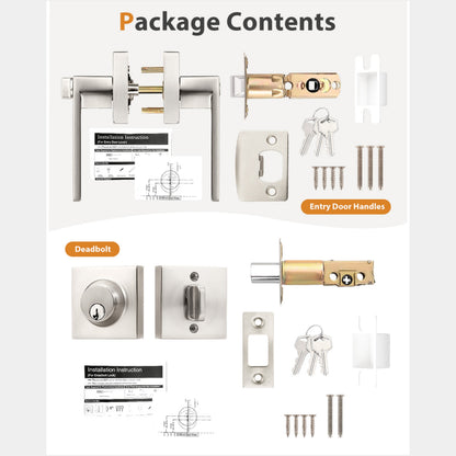 Probrico Square Interior/Exterior Door Lock Set, Entry Door Handles and Single Cylinder Deadbolts Same Keys, Door Locksets Reversible for Right and Left