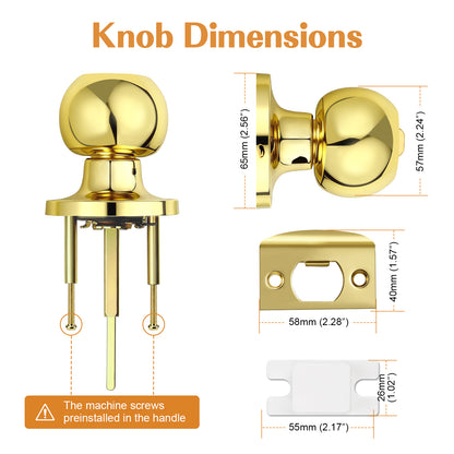 Probrico Privacy Interior Door Knobs Stainless Steel, Keyless Door Locks for Bedroom Bathroom, Polished Brass, 1 Pack