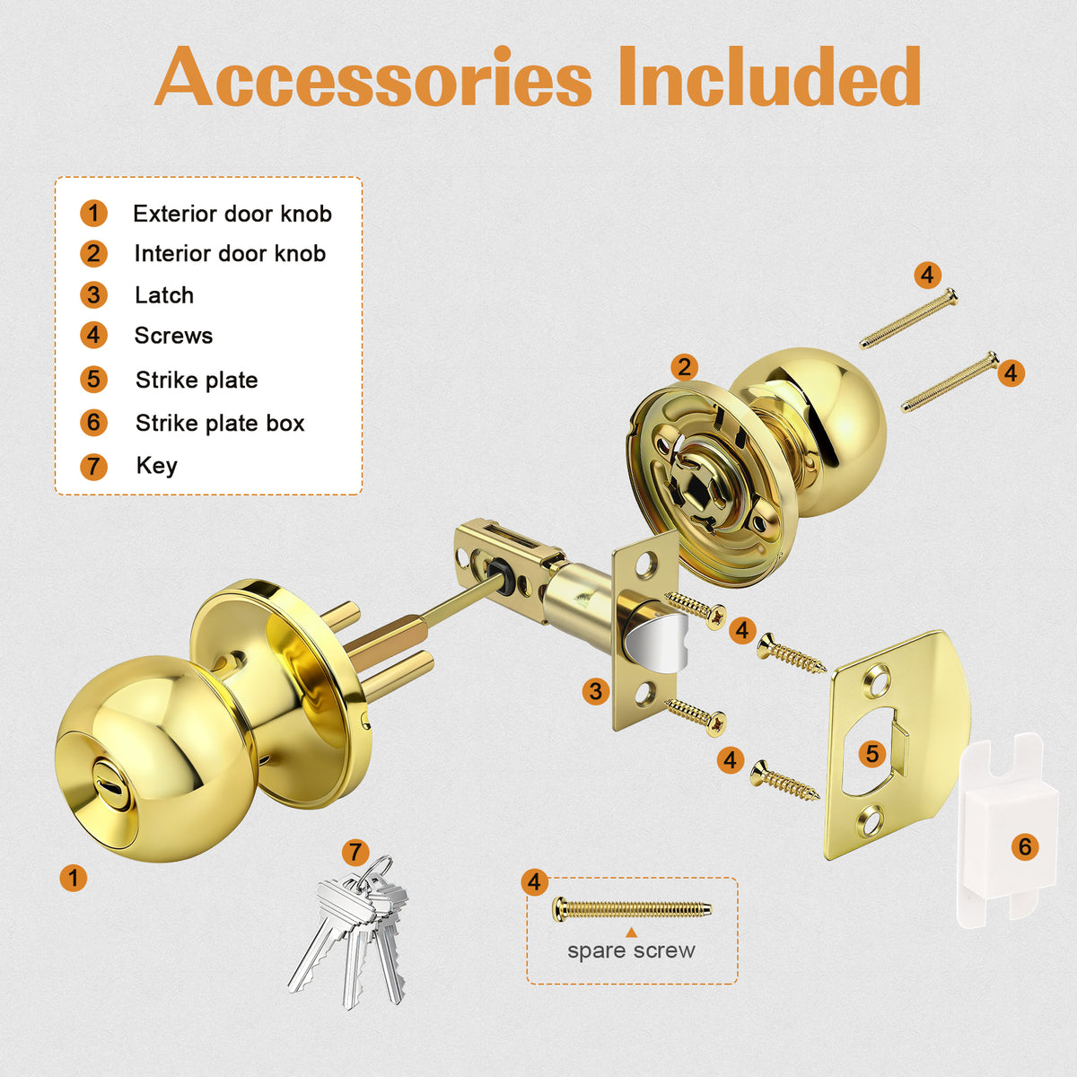 Probrico Polished Brass Ball Door Knobs Entry Lock with Keys, Keyed Alike Door Locksets, Interior Exterior Keyed Hardware