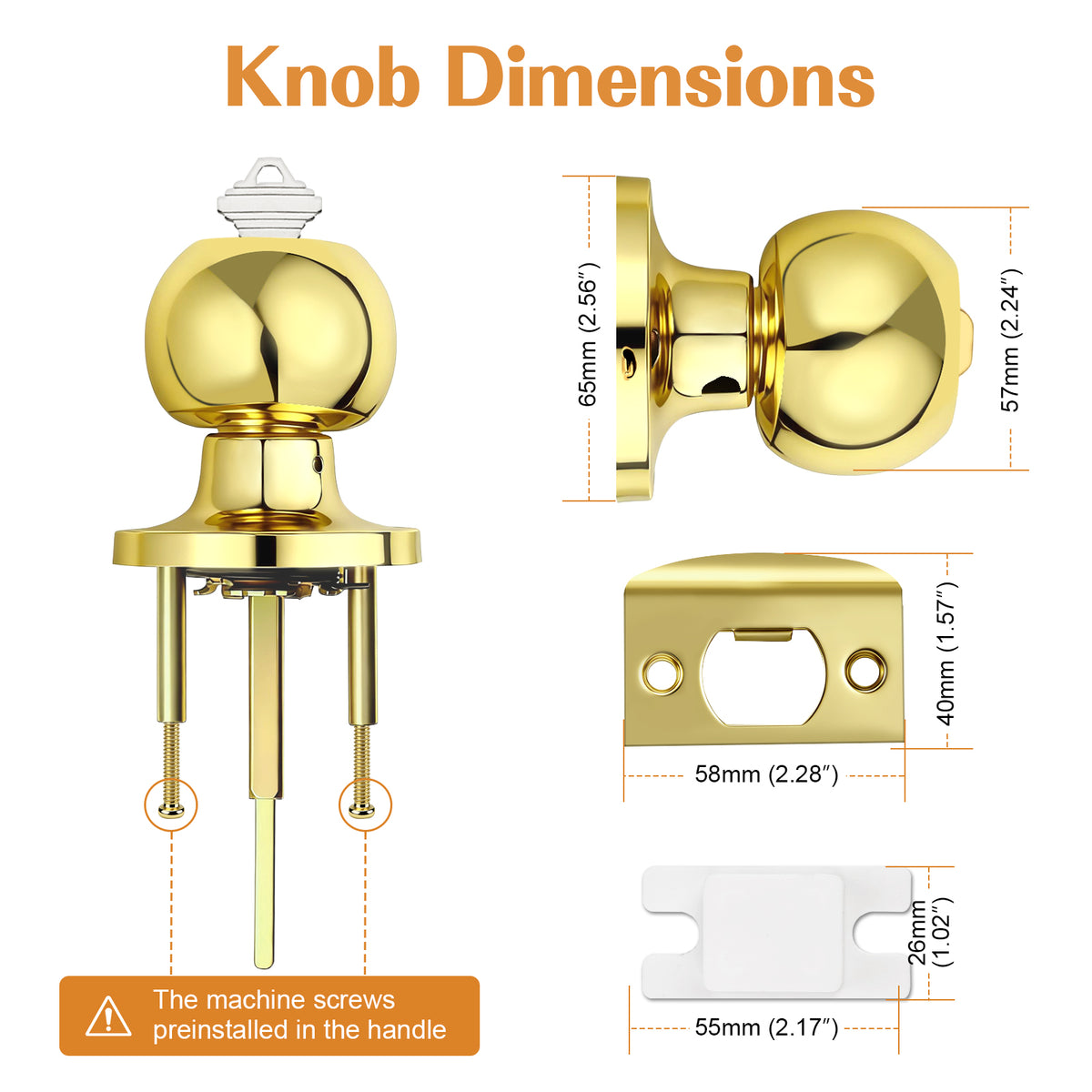 Probrico Polished Brass Ball Door Knobs Entry Lock with Keys, Keyed Alike Door Locksets, Interior Exterior Keyed Hardware