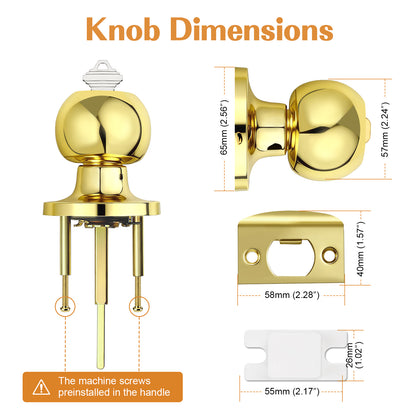 Probrico Polished Brass Ball Door Knobs Entry Lock with Keys, Keyed Alike Door Locksets, Interior Exterior Keyed Hardware