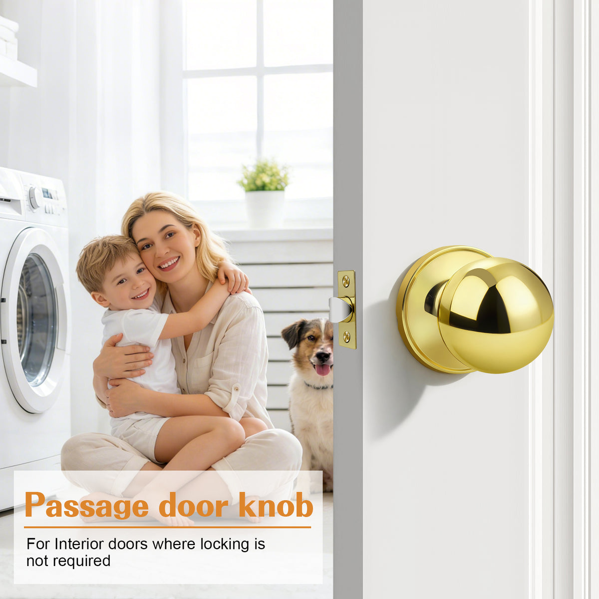 Probrico Round Polished Brass Passage Door Knobs Interior Door Handles for Hallway Closet, Keyless Passage Door Lock