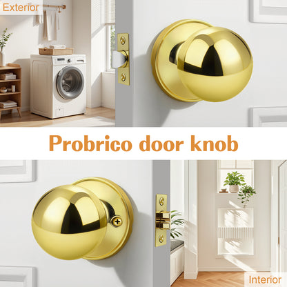 Probrico Round Polished Brass Passage Door Knobs Interior Door Handles for Hallway Closet, Keyless Passage Door Lock