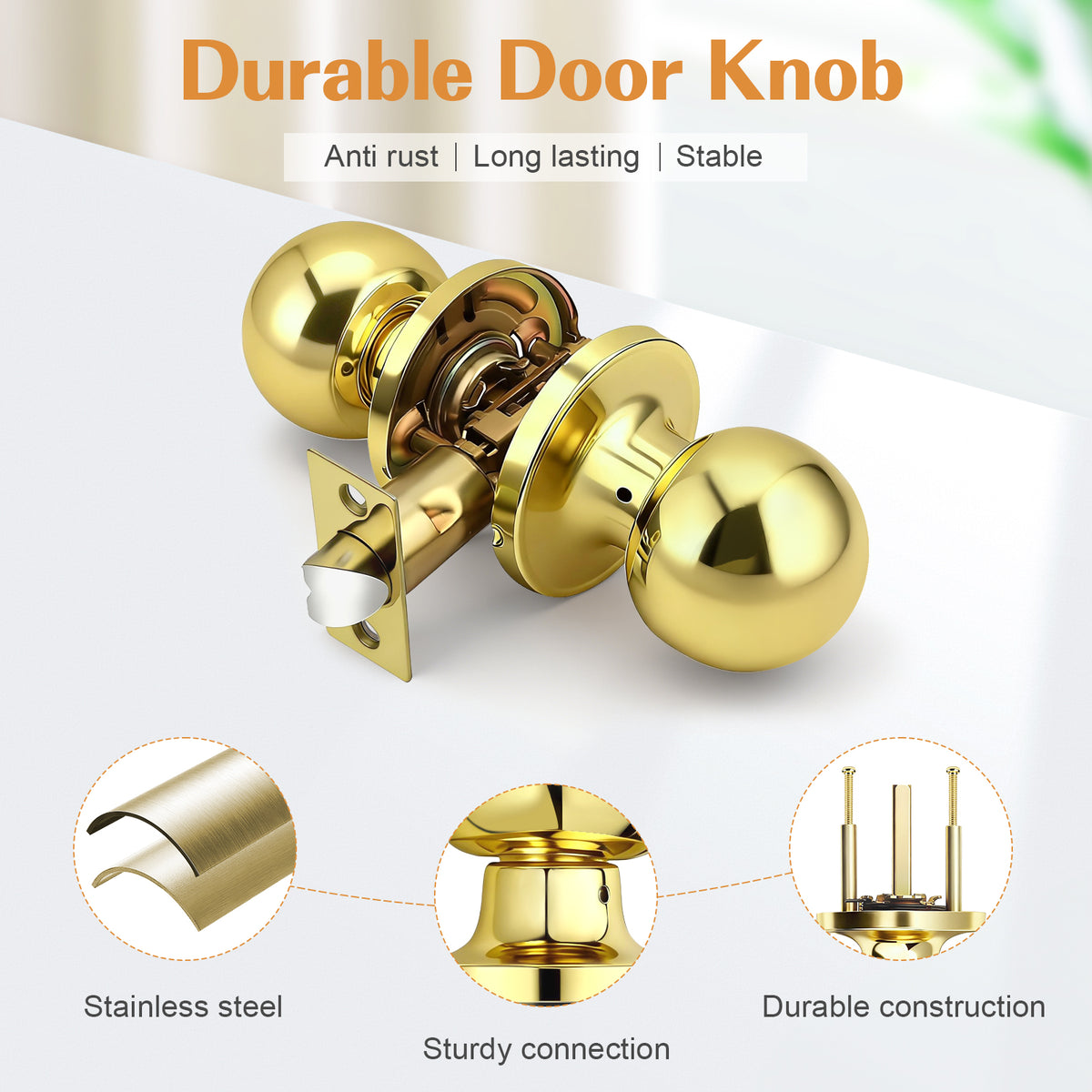 Probrico Round Polished Brass Passage Door Knobs Interior Door Handles for Hallway Closet, Keyless Passage Door Lock